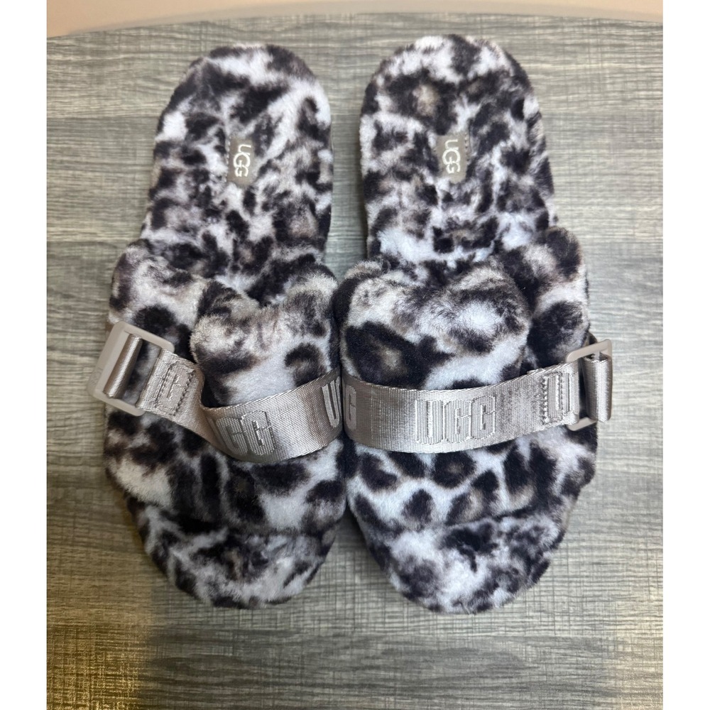 UGG Fuzzita Leopard Print Platform Slides Black White Animal Print Slippers - Picture 2 of 5